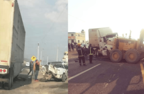 Tráiler choca con camioneta y excavadora en San Agustín Tlaxiaca