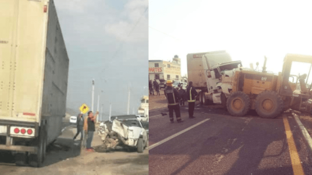 Tráiler choca con camioneta y excavadora en San Agustín Tlaxiaca