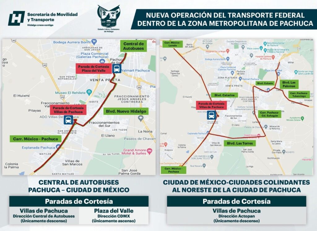 Mapa del reordenamiento del transporte federal en la Zona Metropolitana de Pachuca