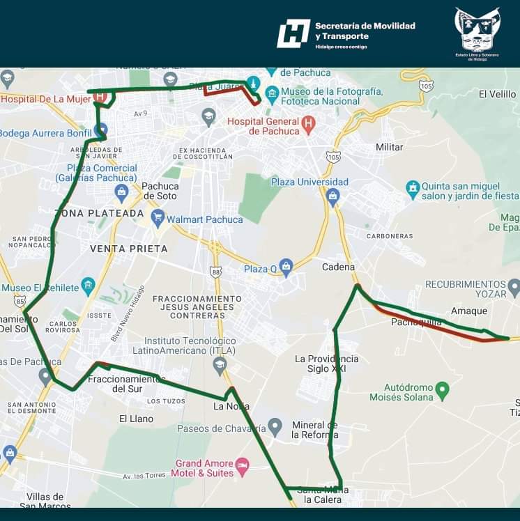 Mapa de la ruta de la unidad de las nuevas rutas de transporte en la zona metropolitana de Pachuca 2022