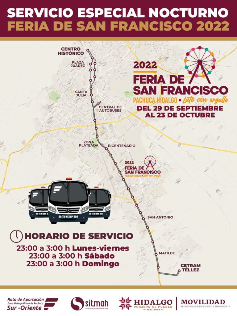 Ruta de Tuzobús nocturno por motivo de la Feria de Pachuca 2022