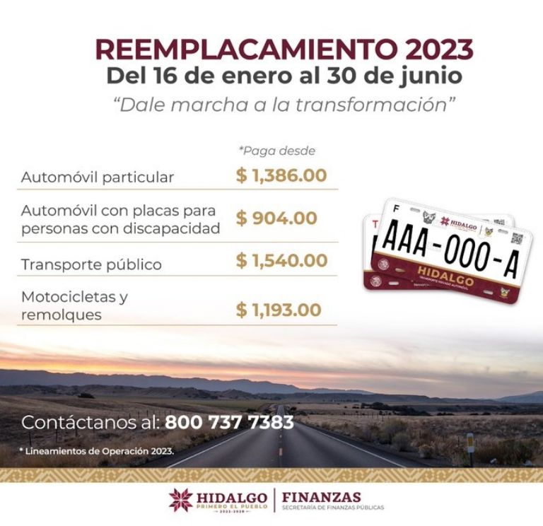 Costos reemplacamiento Hidalgo 2023