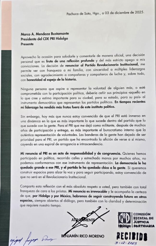 Carta de Renuncia al PRI de Benjamín Rico